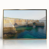 Framed acrylic artwork showcasing a stunning cliff landscape with gold accents, perfect for modern home decor, adding elegance and nature-inspired beauty to any room.