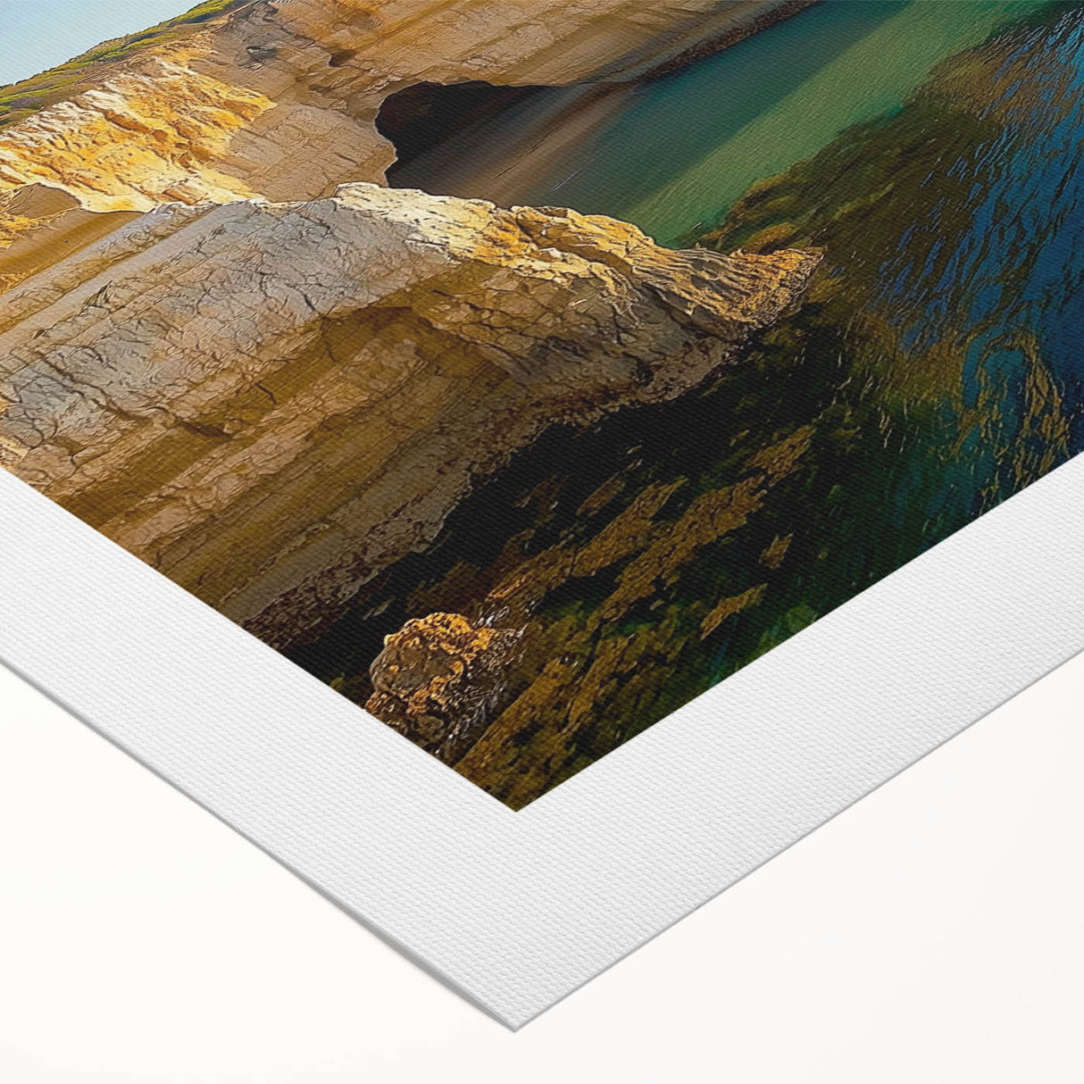 Stunning rolled canvas artwork depicting dramatic cliffs and vibrant landscapes, showcasing rich colors and textures, perfect for home decor or art enthusiasts.