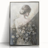 Abstract figurative art print in a silver frame, showcasing vibrant colors and dynamic shapes against a sleek background, perfect for modern decor.