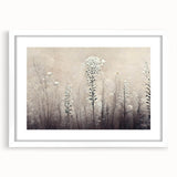Framed abstract floral wall art featuring vibrant colors and delicate patterns, displayed in a sleek white mat, perfect for modern home decor and enhancing living spaces.
