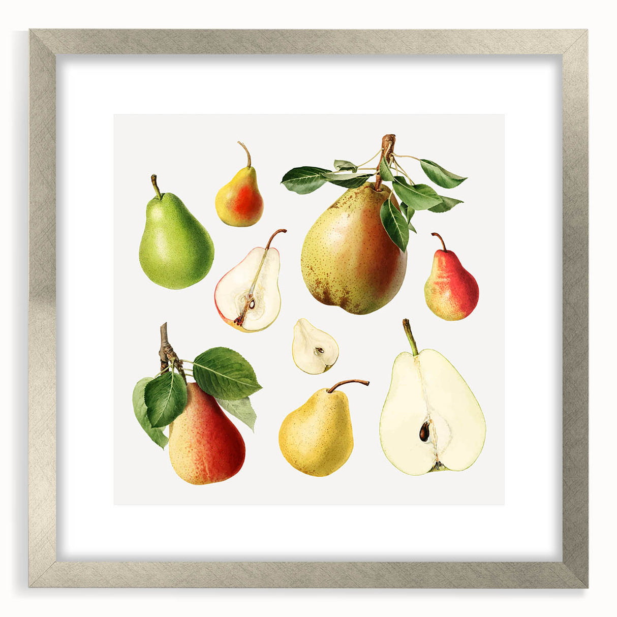 Textured art print featuring abstract patterns of various fruits in muted colors, framed in silver, ideal for bedroom art.