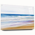 Acrylic glass artwork showcasing a vibrant beach landscape, displayed from a side view with decorative pins, perfect for coastal-themed decor.