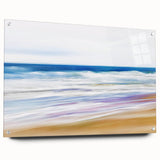 Acrylic glass artwork showcasing a vibrant beach landscape, displayed from a side view with decorative pins, perfect for coastal-themed decor.