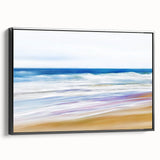 Framed landscape canvas artwork depicting serene beaches in vibrant colors, showcased with a sleek black frame, perfect for coastal-themed home decor.