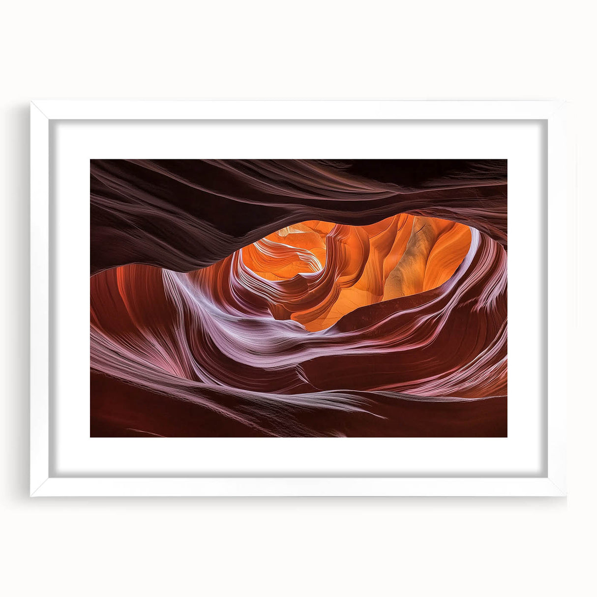 Landscape artwork showcasing vibrant canyons in rich hues, framed with a white mat for an elegant presentation, ideal for enhancing home decor aesthetics.