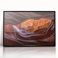 Framed acrylic landscape artwork showcasing vibrant canyons in rich earth tones, presented in a sleek black frame, perfect for enhancing modern home decor.