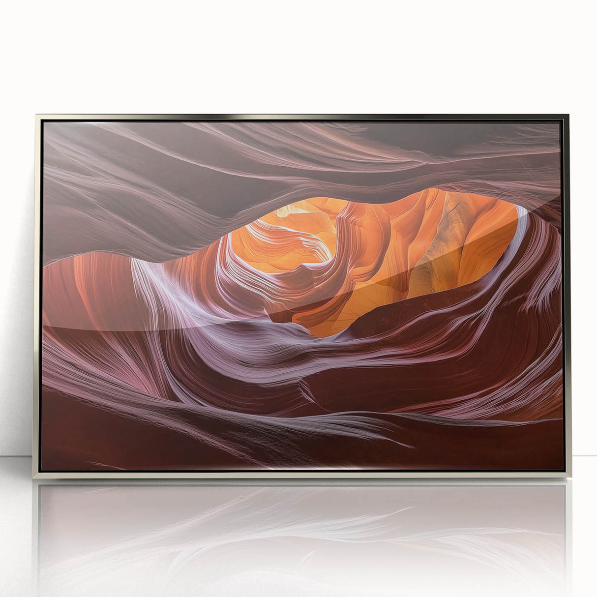 Framed acrylic artwork showcasing a mesmerizing landscape of canyons, with rich earthy tones and intricate details, perfect for home decor or office aesthetics.