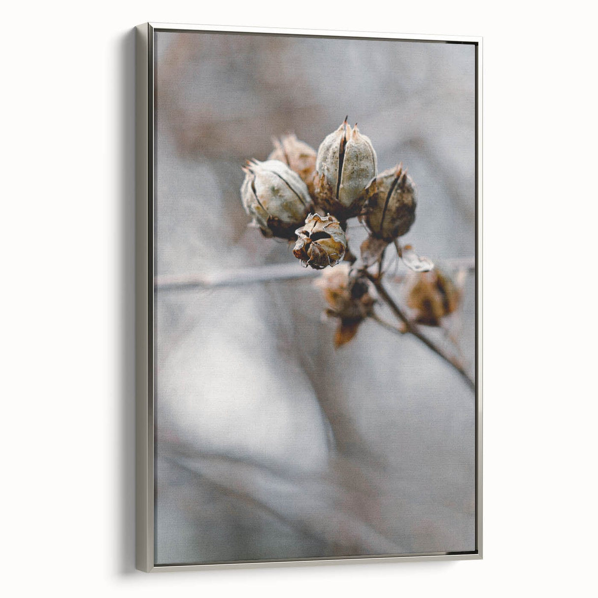 Framed canvas featuring a vintage landscape art painting of autumn trees in vibrant orange and red tones.