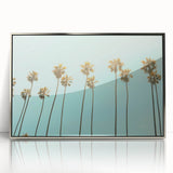 Mid-century modernist art depicting a summer scene in acrylic, with vibrant colors and silver frame.