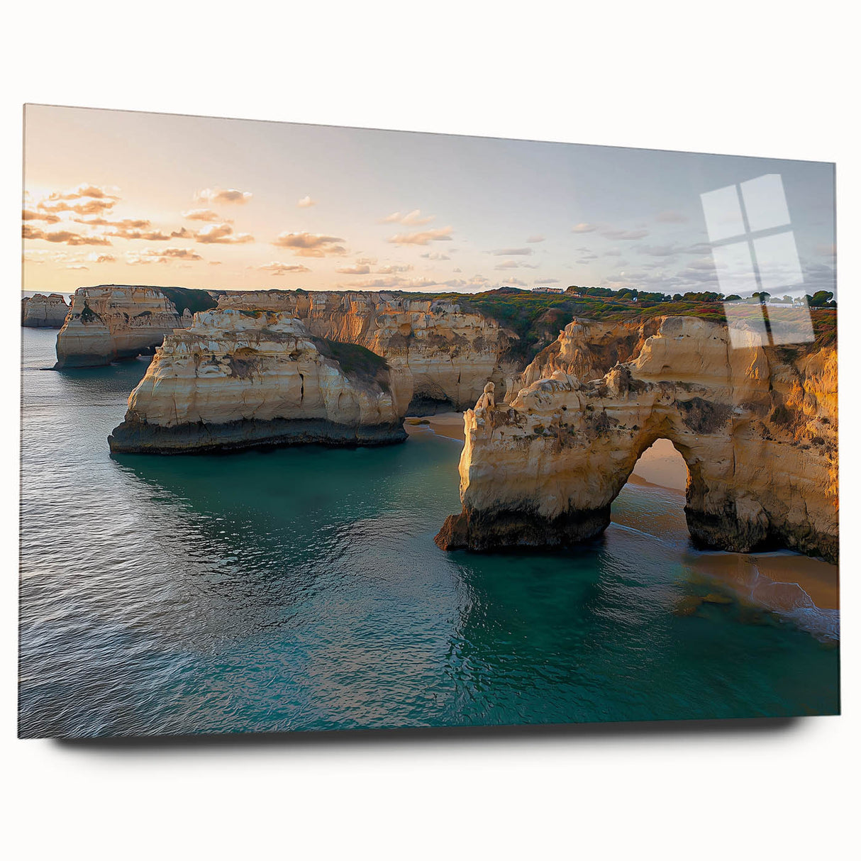 Acrylic landscape artwork depicting dramatic cliffs, showcased in a glass frame from a side view, highlighting its vibrant colors and intricate details. Perfect for home decor enthusiasts seeking modern natural themes.