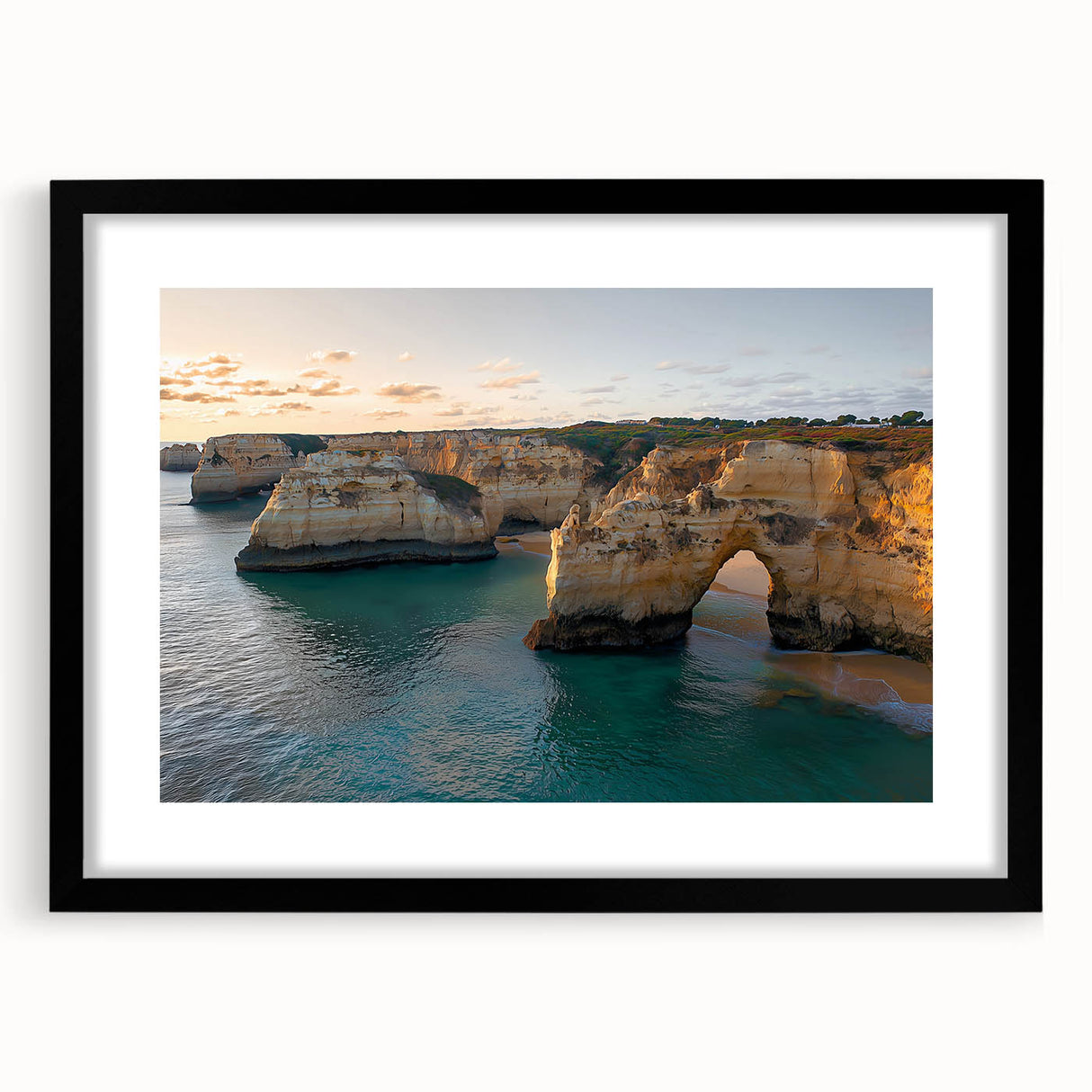 Framed landscape artwork showcasing dramatic cliffs with a black mat, perfect for modern home decor. Ideal for enhancing living spaces or office interiors.