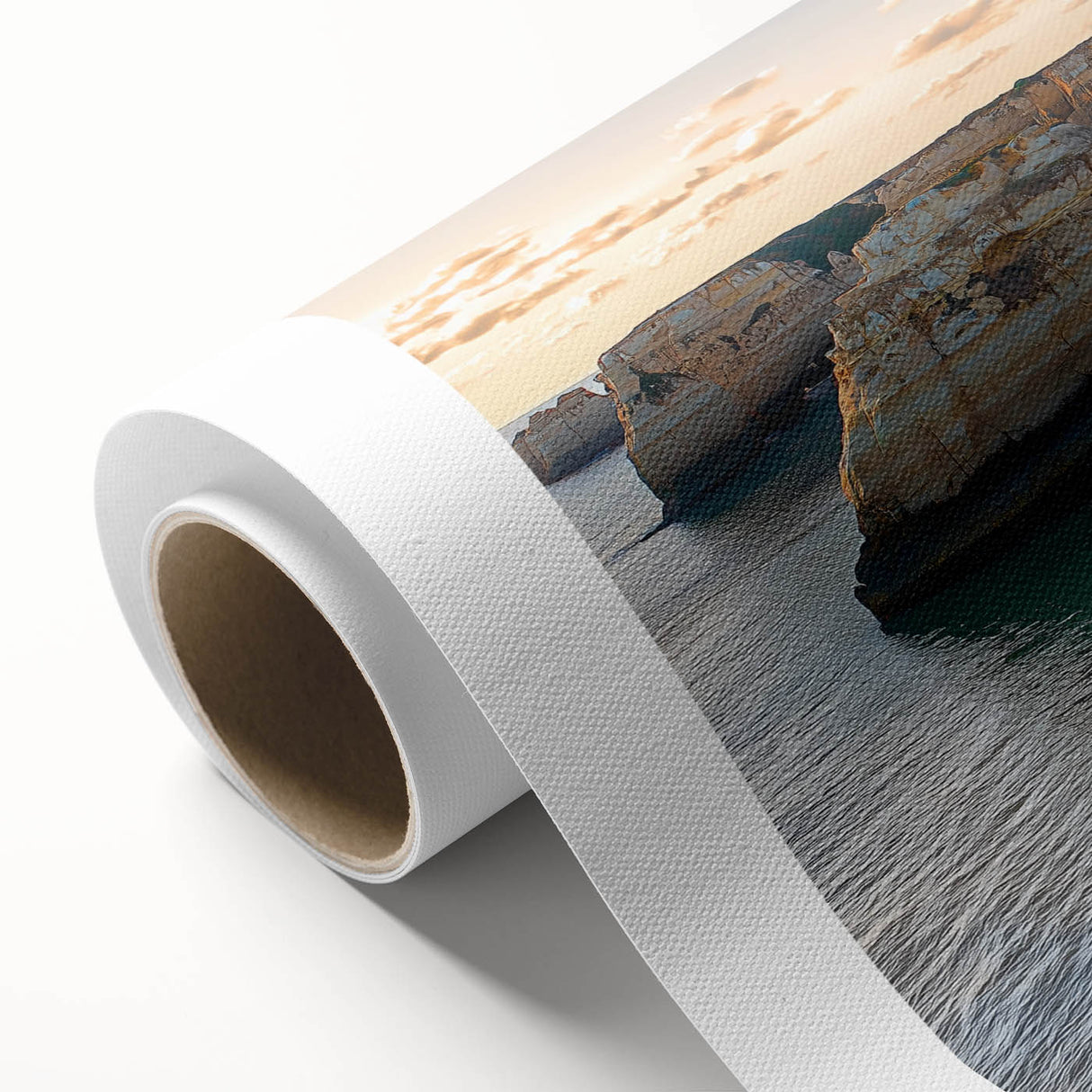 Stunning landscape canvas print showcasing majestic cliffs at sunset, featuring vibrant colors and intricate details, perfect for home decor. Rolled and securely packaged for safe shipping.