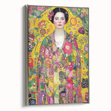 Abstract figurative framed canvas artwork with a silver frame showcasing vibrant colors and dynamic shapes, perfect for modern home decor or artistic display.