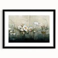 Abstract floral wall art in a sleek black frame with a white mat, showcasing vibrant colors and intricate designs, perfect for modern home decor.