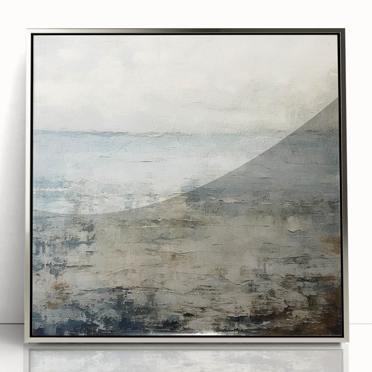Framed abstract landscape wall art featuring vibrant colors and dynamic shapes, set in a sleek silver frame, perfect for modern interior decor.