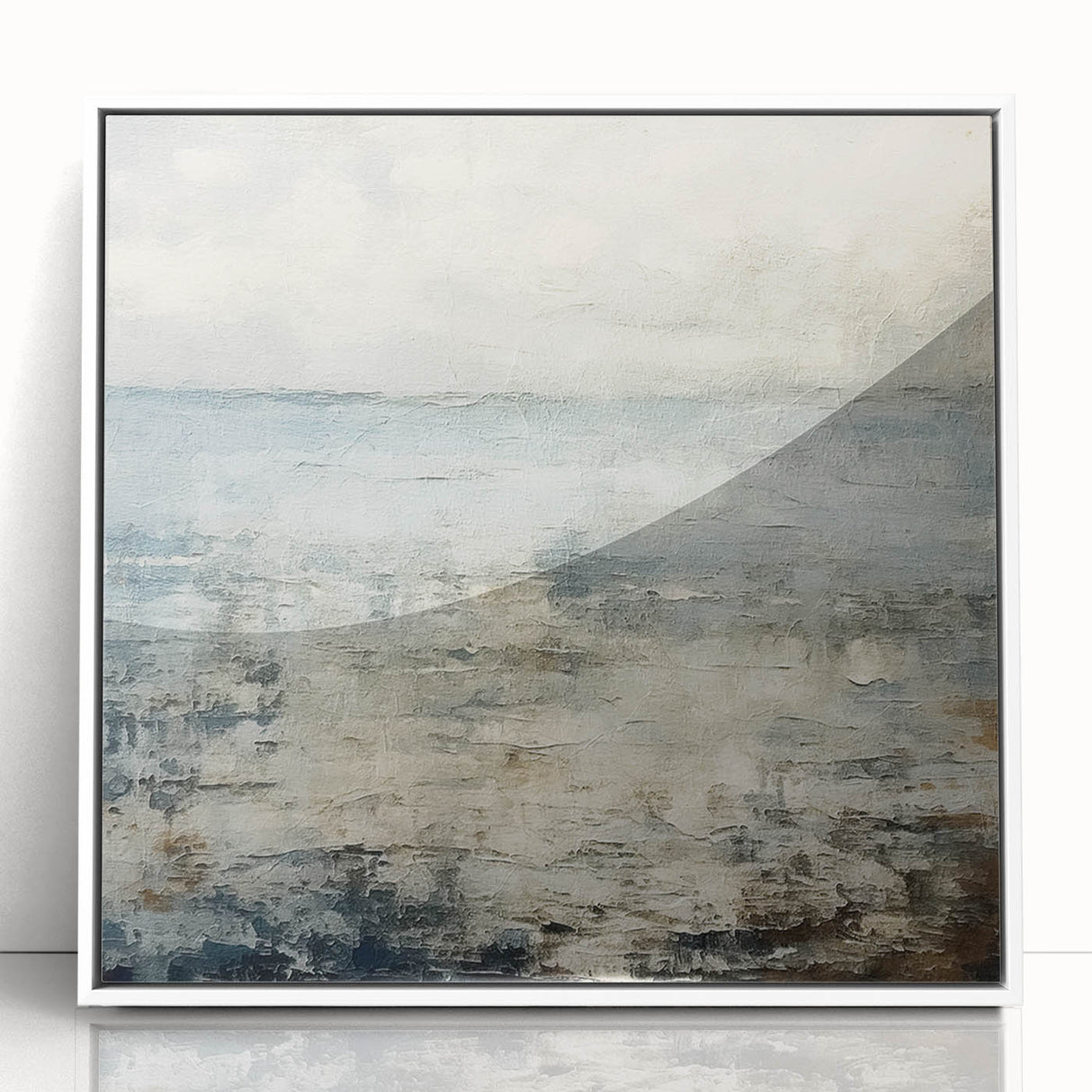 Framed abstract landscape wall art featuring vibrant colors and fluid shapes, set in a sleek white frame, perfect for modern home decor.
