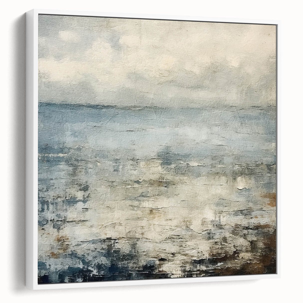 Framed abstract landscape wall art featuring soft pastel colors and textured brush strokes, displayed in a modern white frame, perfect for contemporary decor.