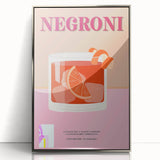 Mid-century modernist art of food and drinks in muted tones on a framed acrylic, ideal for modern kitchen decor.