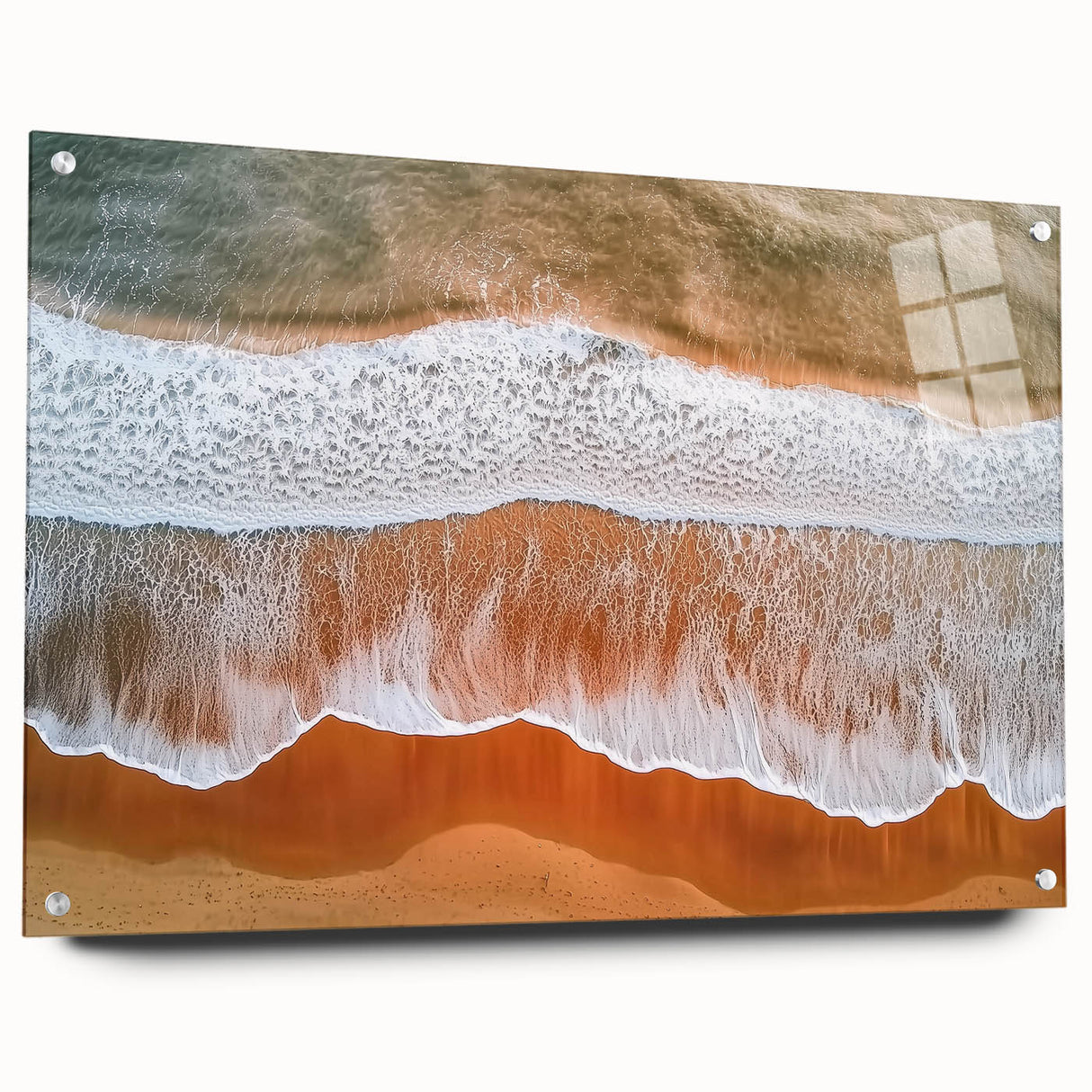 Acrylic landscape artwork showcasing serene beach scenery in vibrant colors, displayed from a side view with decorative pins holding it in place, ideal for coastal-themed decor.