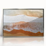 Framed acrylic artwork showcasing a serene beach landscape with soft waves and a vibrant sunset, ideal for coastal home decor and beach-themed interiors.