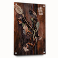 Large abstract wall art on acrylic glass depicting fall themes in warm orange and brown tones.