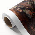 Art deco poster of a stylized fall scene in orange and brown tones on rolled canvas, ideal for nursery wall art.