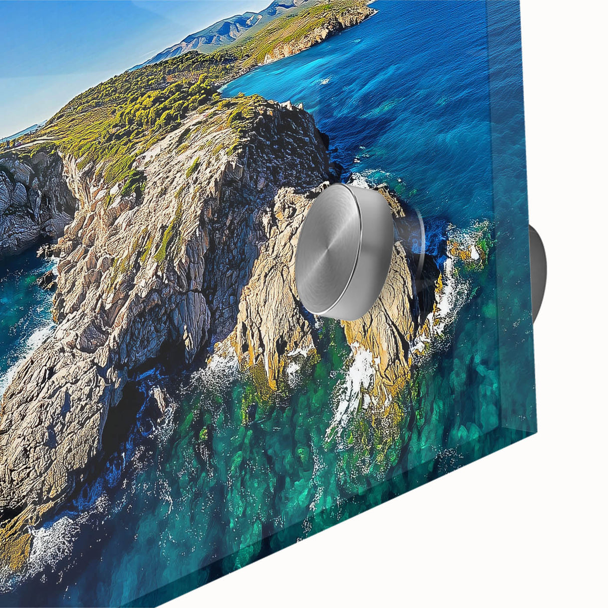 Close-up of a vibrant acrylic landscape artwork showcasing dramatic cliffs and vivid colors, perfect for modern home decor. Ideal for art enthusiasts and collectors.