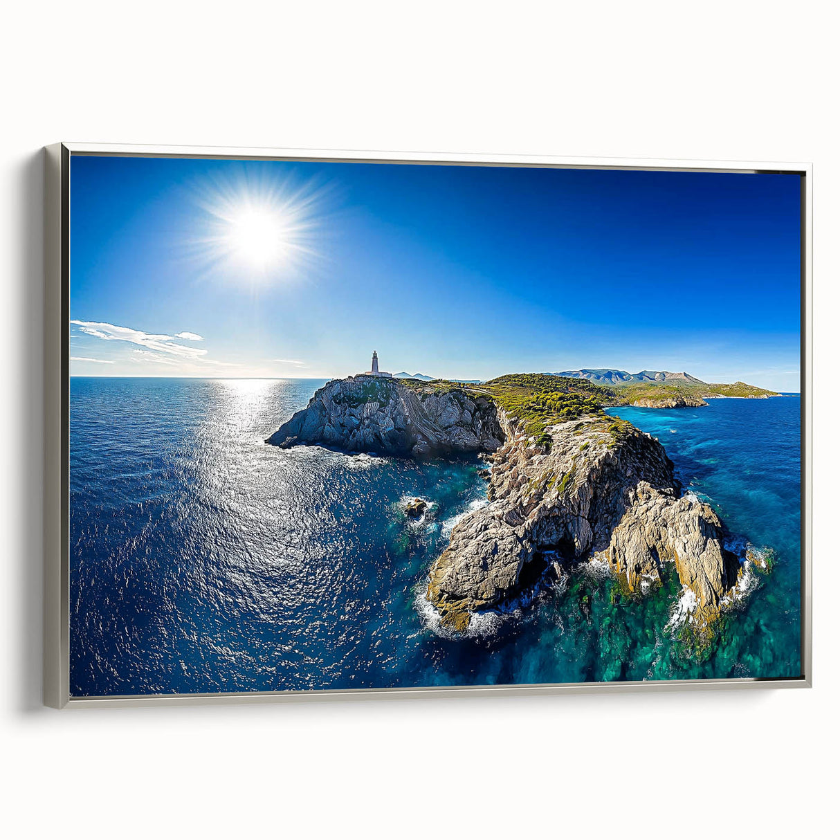 Framed canvas artwork showcasing a stunning cliff landscape with silver accents, positioned in a contemporary setting, perfect for modern home decor.