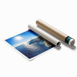 Stunning rolled canvas print showcasing a vibrant landscape of dramatic cliffs under a bright blue sky, elegantly packaged in a protective cardboard tube for easy display. Perfect for adding a touch of natural beauty to your home decor.