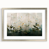 Abstract floral wall art in a silver frame with matting, showcasing vibrant colors and intricate designs, perfect for enhancing modern home decor. This piece adds elegance and a touch of nature to any living space.