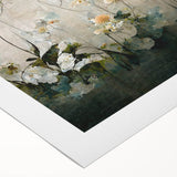 Colorful abstract floral wall art design on rolled canvas, showcasing vibrant hues of blue, pink, and green, ideal for modern home decor or gallery display.