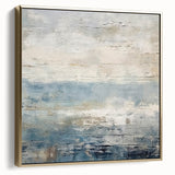 Framed abstract landscape wall art in silver and gold tones, showcasing a modern design with fluid shapes and textures, ideal for contemporary decor.