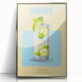 Large art print of a mid-century modernist food and drink motif in muted colors, framed in silver acrylic.
