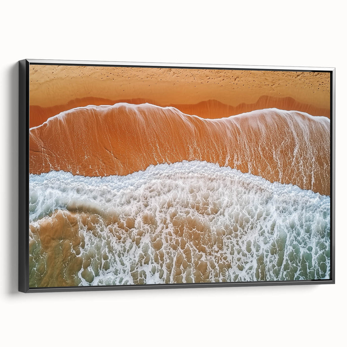 Framed landscape canvas art depicting serene beaches with a black frame, showcasing vibrant colors and natural beauty, perfect for coastal-themed decor.