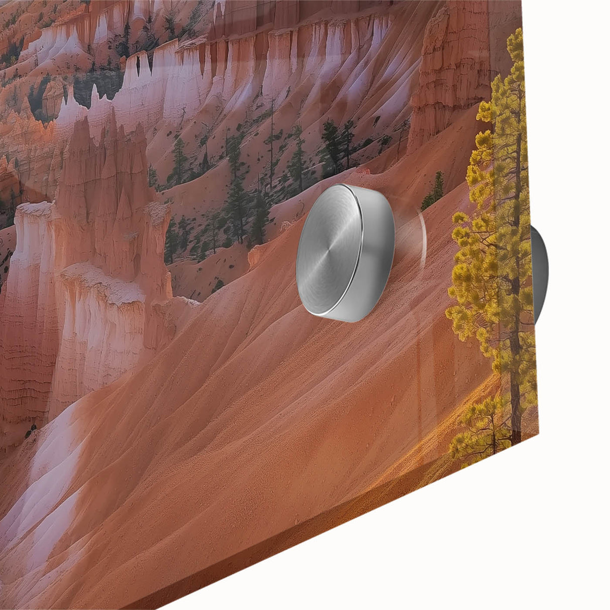 Close-up of an acrylic glass landscape artwork showcasing vibrant canyons in rich colors, ideal for modern decor and nature enthusiasts. Perfect for enhancing interior spaces.
