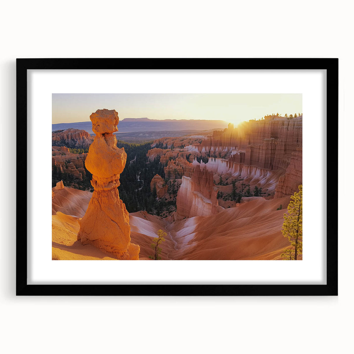 Framed landscape print showcasing vibrant canyons in rich earth tones, accented with a black mat for a modern touch, ideal for home decor enhancement.