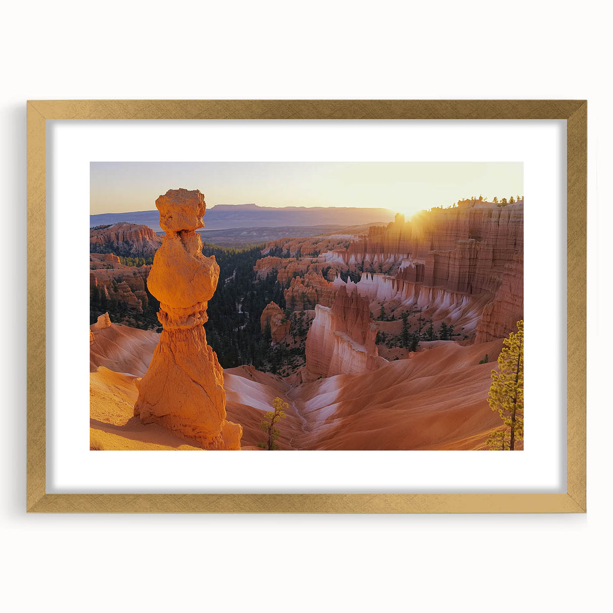 Gold-framed landscape artwork depicting stunning canyons, featuring a matte finish and elegant design, ideal for enhancing home decor with natural beauty.