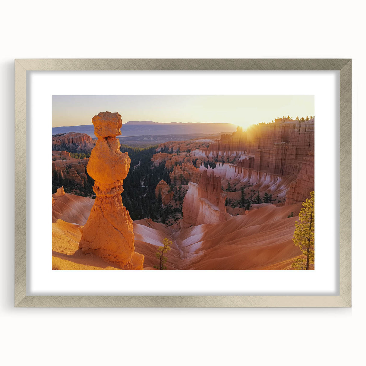 Landscape framed art print showcasing a stunning canyon scene, featuring a silver mat and sleek frame, perfect for home decor or office spaces.