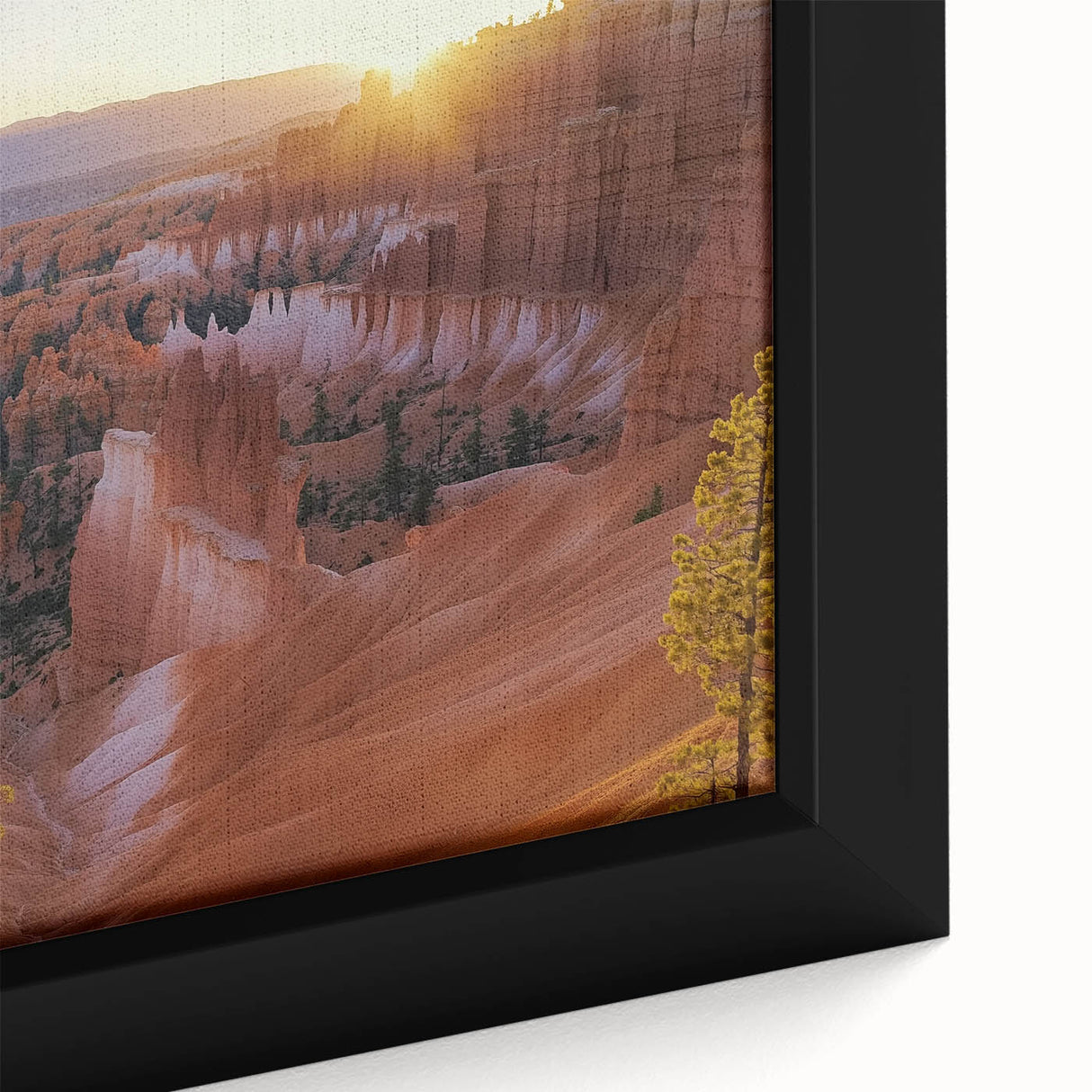Close-up of a framed landscape canvas depicting vibrant canyons with rich earthy tones, showcasing intricate details and textures, ideal for enhancing home decor.