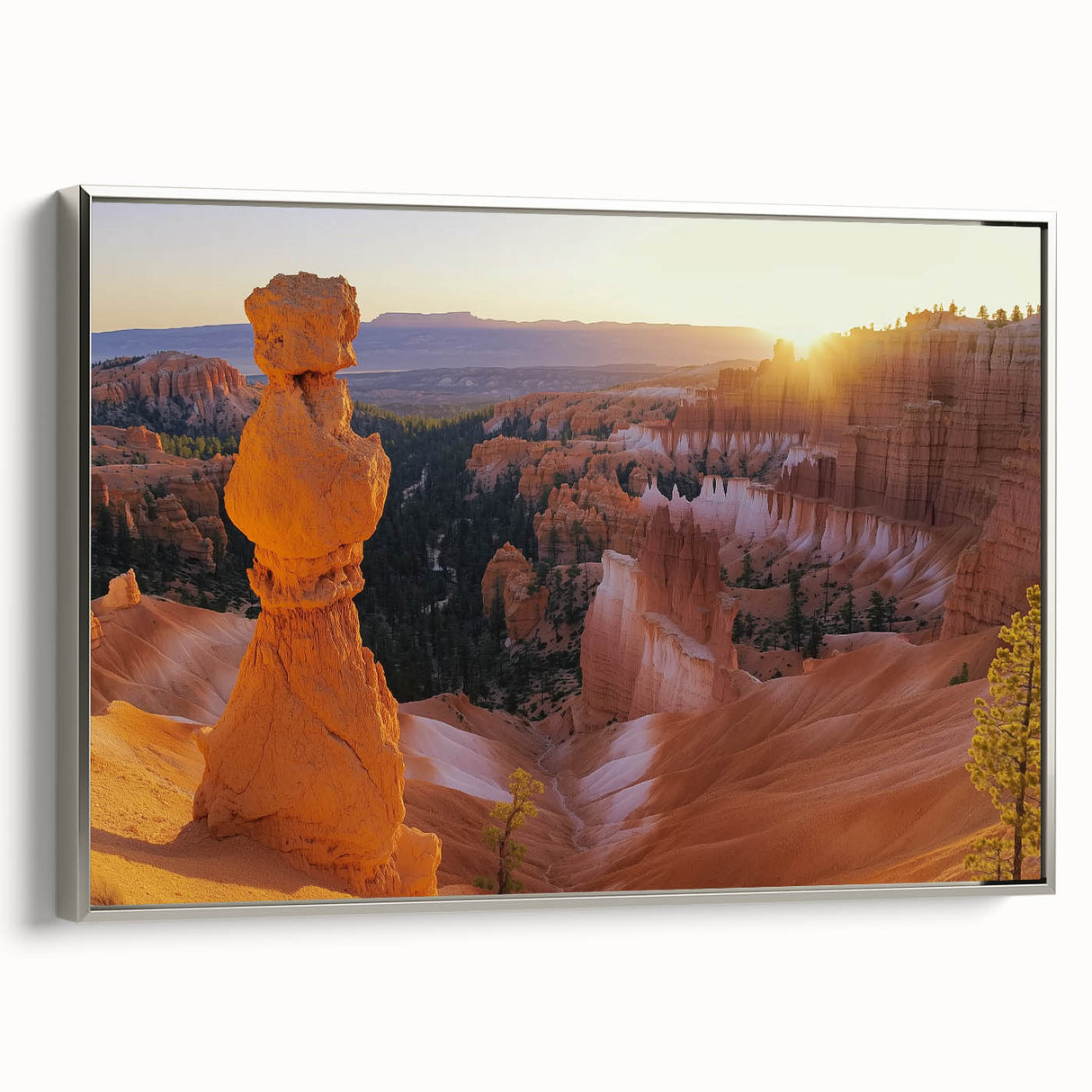 Framed canvas artwork depicting a stunning landscape of canyons, showcasing vibrant earthy tones and intricate details, set in a sleek silver frame. Perfect for home decor and nature enthusiasts.