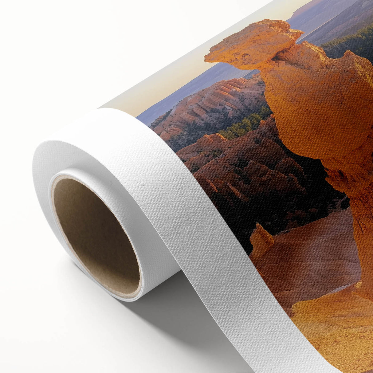 Landscape canvas print showcasing vibrant canyons in warm earth tones, beautifully rolled and packaged in a protective tube, ideal for home decor enthusiasts.