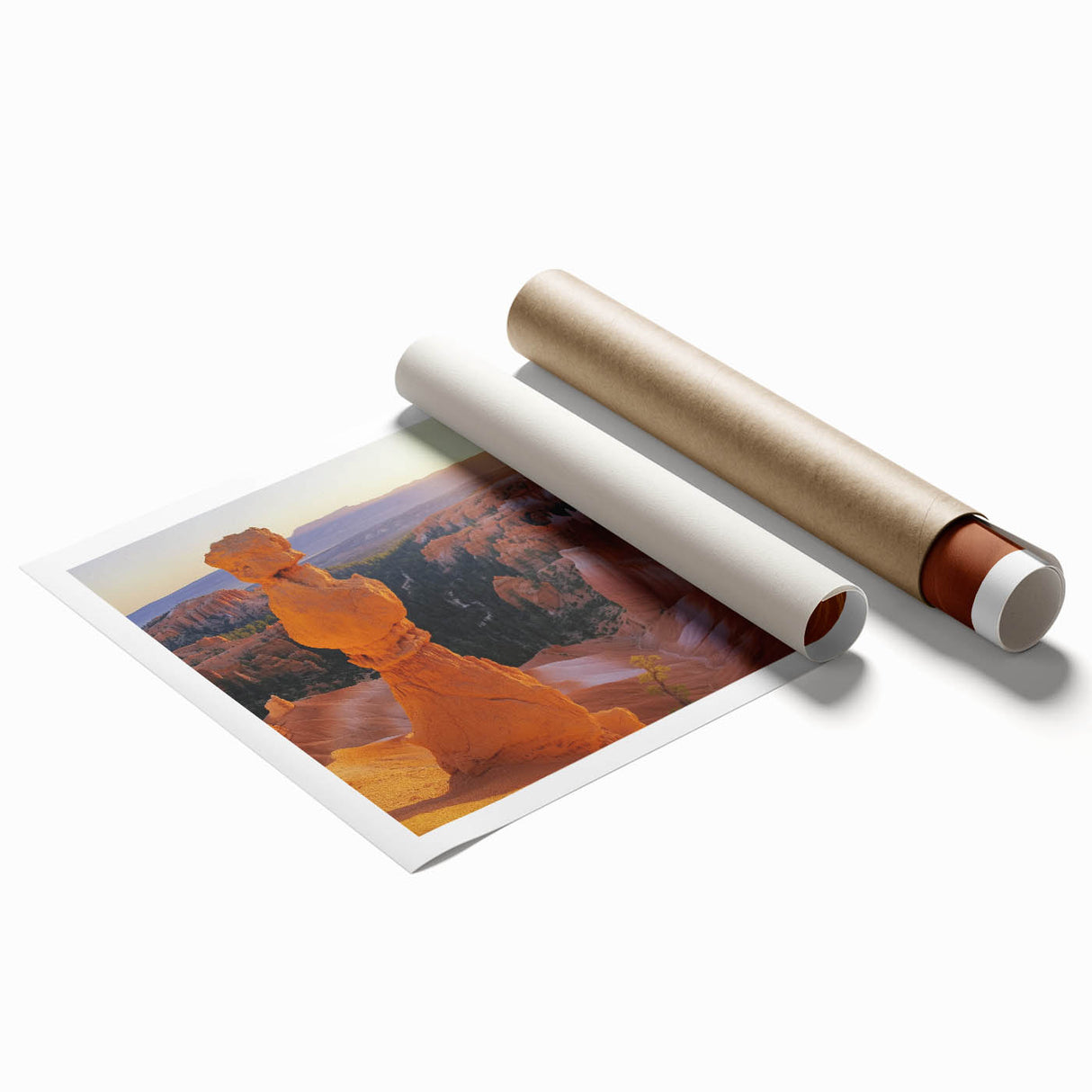 Landscape canyons rolled print showcasing vibrant earth tones and intricate rock formations, presented in a durable cardboard tube for safe shipping. Perfect for home decor enthusiasts seeking natural scenery artwork.
