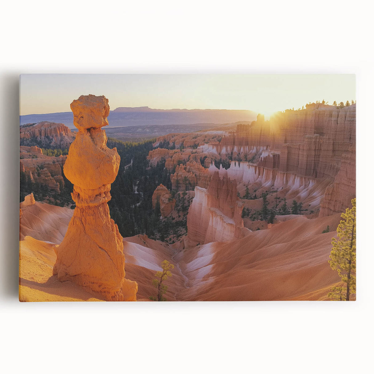 Stretched canvas artwork depicting a vibrant landscape of majestic canyons, showcasing rich earth tones and dramatic rock formations, perfect for enhancing any living space.