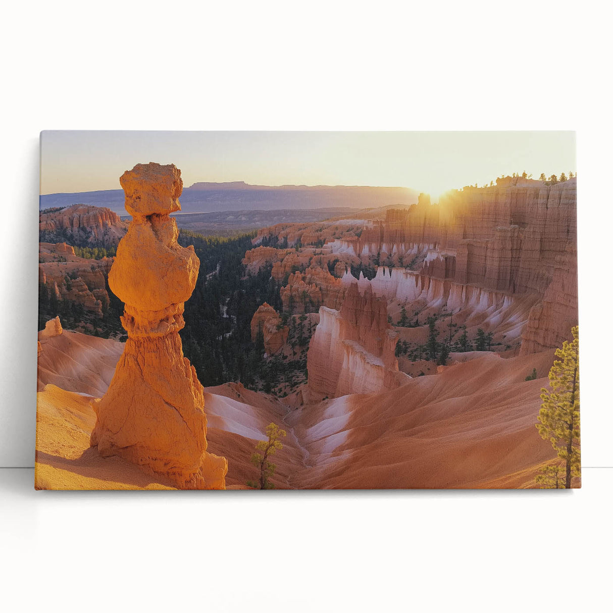 Stretched canvas artwork depicting a vibrant landscape of canyons with rich colors and dramatic rock formations, perfect for enhancing home decor with a natural theme.