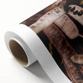 Art Deco poster of autumnal trees on rolled canvas, featuring warm orange and brown tones, ideal for nursery wall art.