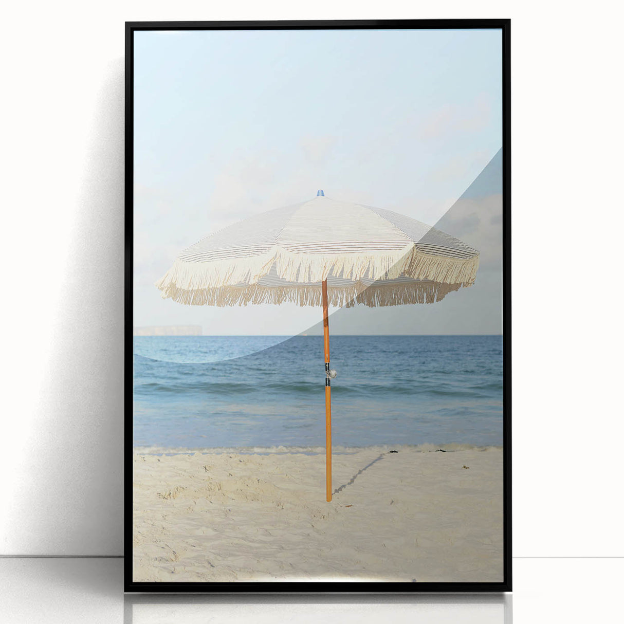 Large abstract wall art featuring a mid-century modernist design in vibrant summer hues on a black framed acrylic print.