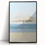 Large abstract wall art featuring a mid-century modernist design in vibrant summer hues on a black framed acrylic print.