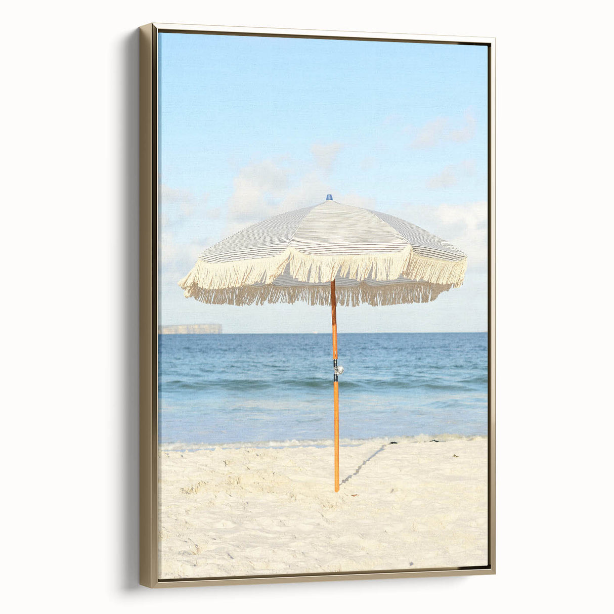 Framed canvas depicting a summer landscape with lush green trees and a deep blue sky, suitable as wall art for a bedroom.