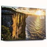Acrylic glass artwork depicting a stunning cliff landscape with vibrant colors, featuring a side view and pinned display, perfect for modern home decor.