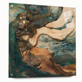 Abstract figurative acrylic artwork displayed on glass, showcasing vibrant colors and intricate details, accented with decorative pins for a modern aesthetic.